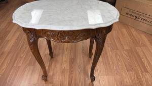lot 199 image: Beautiful Marble Top Side Table with Carved Wood Base.