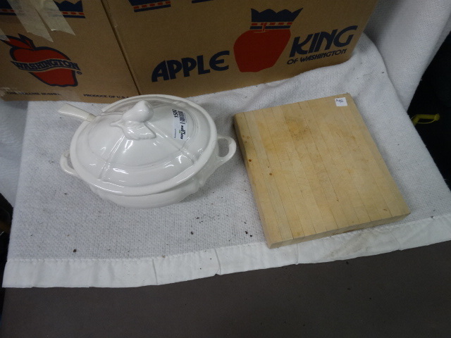 lot 1580 image: White Serving Bowl w Ladle and a Wooden Cutting Board