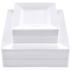 lot 1544 image: SETUP 100-Piece White Square Plastic Dinnerware Set 50 9.5 Dinner & 50 6.5 Salad Plates Heavy-Duty Disposable for Weddings, Catering, Parties - Retail $33