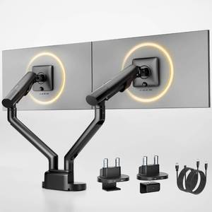 lot 1545 image: monTEK Dual Monitor Stand Mount with USB Up to 35 Screens, Each Arm Holds Max 24.3 lbs, Full Motion Adjustable Monitor Arm Desk Mount with C-ClampGrommet,VESA 75100mm - Retail $90