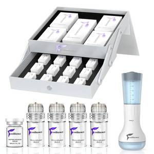 lot 1547 image: Micro Infusion System for Face & Neck-Micro Infusion Kit to Leave Skin Firmer & Smoother-0.25mm Facial Stamp with Collagen & Hyaluronic Acid Serum for At Home Glow and Anti-aging-3 Month Supply- MISSING 1 USE  - Retail $130