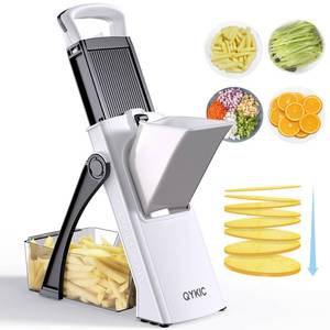 lot 1548 image: QYKIC Upgrade Safe Mandoline Slicer Plus,Adjustable Vegetable Food Chopper Potato French Fry Cutter, Kitchen Chopping Artifact for Meal Prep (BlackWhite) - Retail $48