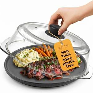 lot 1554 image: Bezrat Microwave Tall Glass Plate Cover  Splatter Guard Lid with Easy Grip Silicone Handle Knob  100% Food Grade  BPA Free and Dishwasher Safe  10 Inch (Black-) - Retail $28