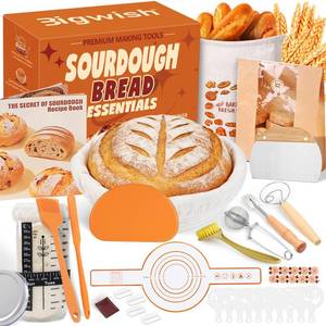 lot 1555 image: Sourdough Starter Kit for Beginners Complete Sourdough Kit with Banneton Basket, Bread Lame with Blades, Starter Jar, Bread Stencil, Dough Scraper & Recipe Guide Sourdough Bread Making Kit - Retail $22