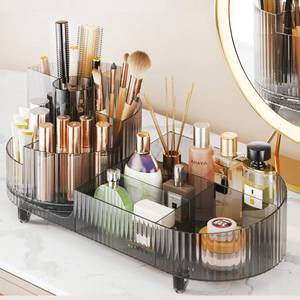 lot 1581 image: Rotating Makeup Organizer for Vanity with Brush Holder, Cosmetic Makeup Storage Organizer, Large Spinning Makeup Skincare Organizer, Countertop Makeup Perfume, Lotions Display Case (Cream) - Retail $18