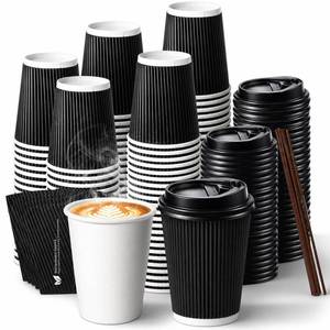 lot 1594 image: 50 Pack 12 oz Disposable Coffee Cups with Lids and Straws, Insulated To Go Paper Coffee Cups with Detachable Corrugated Sleeves, HotCold Drink Cups for Office, Travel, Coffee Bar Black Sleeves) - Retail $14