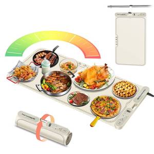 lot 1597 image: ATAUSD Warming Mat for Food Extra Large, Electric Warming Tray, 15x31.5 Silicone Heating Mat with 7 Level Adjustable Temp and 8 Hours Timer, Food Warmer for Parties Buffet Home Travel, Beige - Retail $42