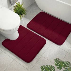 lot 1612 image: AINAHYVA 2 Piece Memory Foam Bath Mat Set, Extra Soft Absorbent Bathroom Rugs with U-Shaped Toilet Rug, Non-Slip Backing, Machine Washable, 24x16  20x20 U-Shaped, Burgundy - Retail $23