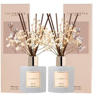 lot 1633 image: Cocorr�na Reed Diffuser Set, 6.7 fl.oz Clean Linen 2 Packs Scented Diffuser with Sticks Home Fragrance Reed Diffuser for Bathroom Shelf Decor - Retail $35