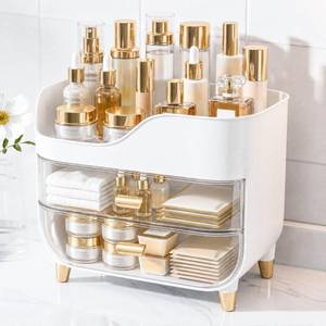 lot 1635 image: Asdbko Makeup Organizer for Vanity with Large Smooth Drawers Extra Large Skincare Organizer for Bathroom Countertop and Dresser, Crystal Clear Cosmetic Storage Display Case for Beauty Products - Retail $19
