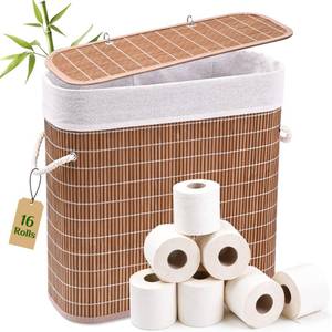 lot 1638 image: Livole Bamboo Toilet Paper Storage with Lid - 16 Regular Rolls or 12 Mega Rolls 36L Large Capacity Natural Toilet Paper Basket Organizer for Bathroom(Brown) - Retail $24