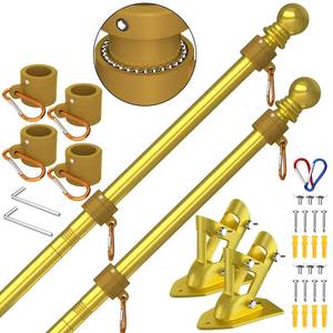 lot 1653 image: ZMTECH Flag Pole - Upgraded Bracket, (2 Packs) 6 FT Stainless Steel Flag Poles for Outside House, Residential or Commerical, Tangle Free Flag Pole Kit for American Flag (Without Flag, Gold) - Retail $7