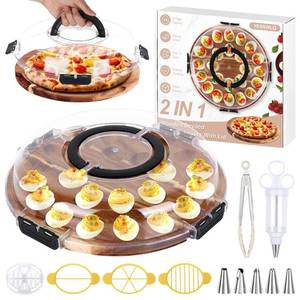 lot 1656 image: 2026 Upgraded Wood Deviled Egg Platter with Lid Easter Gifts 24 Holes Round Deviled Egg Charcuterie Board Tray Holder Carrier with Egg Slicer Kitchen Tongs Piping Decorating Kit for Party Easter - Retail $26