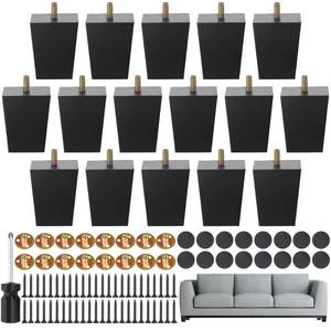 lot 1657 image: TURSTIN Set of 16 Black 3 Inch Square Solid Wood Furniture Legs Wooden Replacement Feet for Sofa, Couch, Chair, Bed, Cabinet, Table, Includes Screws, M8 Iron Washers, Felt Pads & Screwdriver - Retail $53