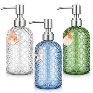 lot 1660 image: LemonRoad Coastal Soap Dispenser Set 3pcs - 14oz Glass with 304 Stainless Steel Pump, Ocean Themed with Seashell Starfish for Kitchen Bathroom Decoration, Blue Green and Transparent - Retail $20