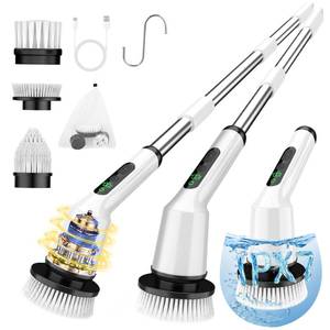 lot 1664 image: Electric Spin Scrubber for Cleaning Bathroom, Shower Scrubber Cordless Cleaning Brush with IPX7 Waterproof & 2 Speed, 3 Brush Heads, Bathroom Cleaning Supplies for Shower Tub Kitchen Tile Toilet White - Retail $30
