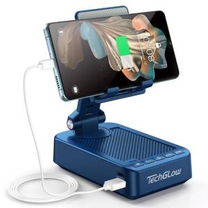 lot 1669 image: TechGlow Gifts for Men Women Foldable Cellphone Stand with Bluetooth Speaker and Charging Function 360° Rotatable Phone Stand Birthday Gift Idea for Mom Dad Cool Tech Gifts-Blue - Retail $25