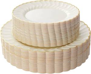 lot 1697 image: Lullaby 96PCS Ivory Scalloped Plastic Plates with Gold Rim, Disposable Elegant Plates Include 48pcs Dinner Plate 10.25, 48pcs Dessert Plate 7.5, Perfect for Daily Use, Wedding and Party - Retail $43