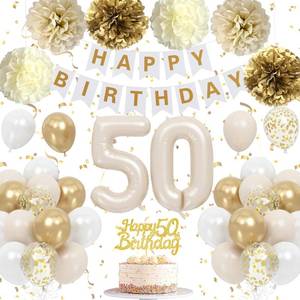 lot 7347 image: Froova 50th Birthday Decorations for Women Men, Sand Gold White Birthday Balloons Happy 50th Banner Cake Topper Neutral Number 50 Balloon Pom Poms for Him Her 50 Years Old Bday Party Decoration Boho - Retail $14