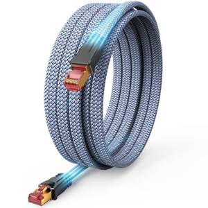 lot 7353 image: Snowkids Cat 8 Ethernet Cable 50 FT, Braided Heavy Duty High Speed InternetLANNetwork Cable, 40Gbps 2000Mhz, Indoor and Outdoor Flat Patch Cord RJ45 Connector for Gaming, PC, Modem, Router - Retail $17