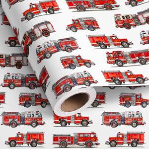 lot 7361 image: Dtiafu Fire Truck Wrapping Paper Roll - Red Fire Engine Car Gift Wrap Design for Kids Boys Birthday Baby Shower Party Total 28.5 sq.ft - Retail $10