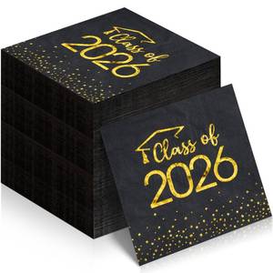 lot 7376 image: 100Pcs Class of 2026 Graduation Napkins, Disposable Congrats Grad Paper Cocktail Napkins Square Foil Dot Hand Towels for 2026 School University College Graduation Party Decorations (Black and Gold - Retail $10