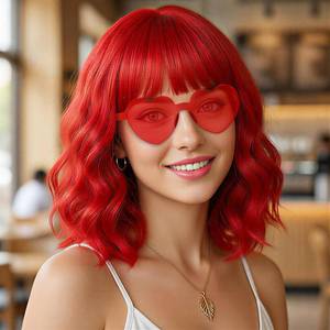 lot 7382 image: rookea Red Wavy Curly Bob Wig with Bangs Heart Sunglasses for Women, 14 Inch Colored Neon Fun Party Curly Synthetic Wigs with Hair Cap for Cosplay Halloween Costume Bachelor Party Music Festival - Retail $13