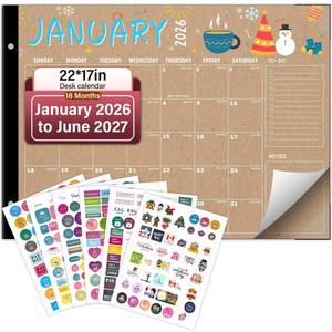 lot 7383 image: 2026-2027 Desk Calendar, Monthly, Desk Pad, 18 Month Runs from January 2026 to June 2027 Extra Large 22x17 Planner Personal Organisers, Colorful Seasonal Designs, Includes Stickers (Kraft Paper)
