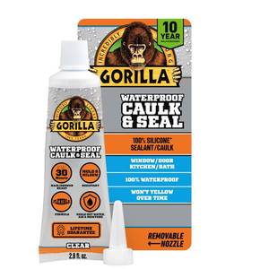 lot 7409 image: Gorilla 100% Silicone Caulk, Waterproof Sealant, 2.8oz Squeeze Tube (Pack of 1) Clear -10 Year Mold Resistant Kitchen, Window, Bath, Marine, Door and More - Retail $8