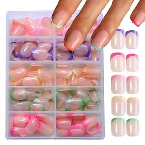 lot 7410 image: 240Pcs French Tip Press On Nails Short Square Fake Nails Press Ons Set Full Cover Acrylic Glue on Nails Reusable Glossy Artificial Nail Kit False Nails for Women Girls Manicure 12 Color - Retail $10