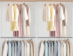 lot 7418 image: STO STO 2 Pack Closet Hanging Rod, Length and Height Adjustable Closet Rod, Space Saving Metal Closet Extender Hanging Bar for Hanging Clothes, Closet, Chrome - Retail $30