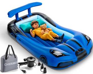lot 7438 image: CHERIMOR Inflatable Toddler Travel Bed with Safety Bumpers & 2 Mins Auto Inflation Pump, Portable Toddler Kids Air Mattress with Carry Bag for Home Grandmas Sleepovers Travel Camping, 330lbs Support - Retail $65
