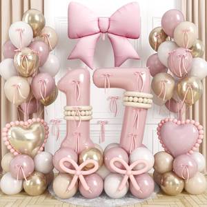 lot 13580 image: 40 Inch Dusty Pink 17 Number Balloon for Girls 17th Birthday Decorations Blush Light Pink Gold Beige Latex Balloons Bow Heart Foil Balloon for Boho 17 Year Old Birthday Anniversary Party Decorations - Retail $17
