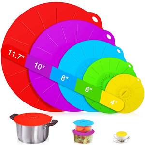 lot 13581 image: Guvvie Silicone lids - 5 Pack Heat Resistant Microwave Splatter Cover, Reusable silicone Suction lids for food storage Fits Bowls, Cups, Skillets, Plates, Pots, Pans StoveTop, Oven, Fridge Safe - Retail $10