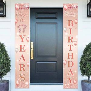 lot 13583 image: Happy Birthday Rose Gold Banner Cheers to 17 Years Backdrop Balloon Confetti Theme Decor Decorations for Front Door Porch Girls 17th Birthday Party Pink Birthday Party Supplies Bday Favors Glitter - Retail $9
