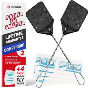 lot 13584 image: 2 Leather Fly Swatter for Indoors. Long Handle, Heavy Duty Fly Swatter Manual Multi Pack. Flyswatters Heavy Duty Flyswatter 2 pack. Flies Swater Includes 4 Sticky Window Bug Traps. Mata Moscas Outdoor - Retail $10
