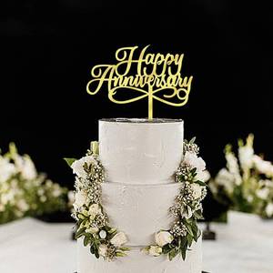 lot 13593 image: YUINYO Mirror acrylic Happy Anniversary Cake Topper Wedding Happy Anniversary Cake Topper for Wedding Anniversary Party Cake Decorations Dessert Party Supplies (Golden acrylic) - Retail $5