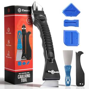 lot 13598 image: Silicone Caulking Tool Kit, Caulk Remover Tool, Putty Knife Scraper, 3 Glass Glue Corner Scrapers, Grout Removal Tool with Stainless Steel Head for Kitchen Bathroom and Window - Retail $10
