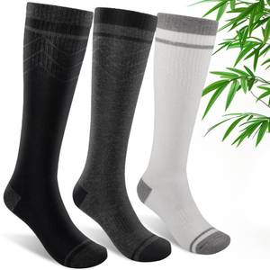 lot 13608 image: SONORAN Bamboo Viscose Compression Socks for Women & Men (3 Pairs) 15-20 mmHg Knee High Support for Nurses, Travel, Pregnant LXL Black&Gray&White - Retail $18