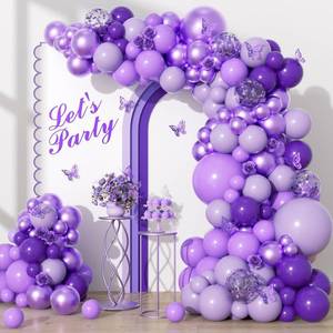 lot 13609 image: 136pcs Purple Balloons Garland Arch Kit, 18 12 10 5 In Dark Light Metallic Purple Confetti Latex balloons Different Sizes for Purple Birthday Butterfly Wedding Baby Shower Party Decorations - Retail $8