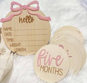 lot 13612 image: Monthly Baby Milestone Cards for Girls 13 Wooden 3D Milestone Discs with Hello World Birth Announcement Sign Newborn Photo Props for Baby Girl - Retail $26