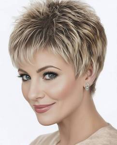 lot 13616 image: SEVENCOLORS Short Pixie Cut Wigs for White Women Mixed Blonde Short Wigs with Brown Roots Synthetic Natural Hair Wigs for Women - Retail $24