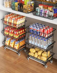 lot 60652 image: OKZEST 3-Tier Rolling Pantry Floor Organizer and Storage Cart with Wheels, Stackable Wire Pantry Baskets for Pantry Shelves, Kitchen Fruit Basket Stand and Storage Rack for Fruit Snack Onion Potato - Retail $36