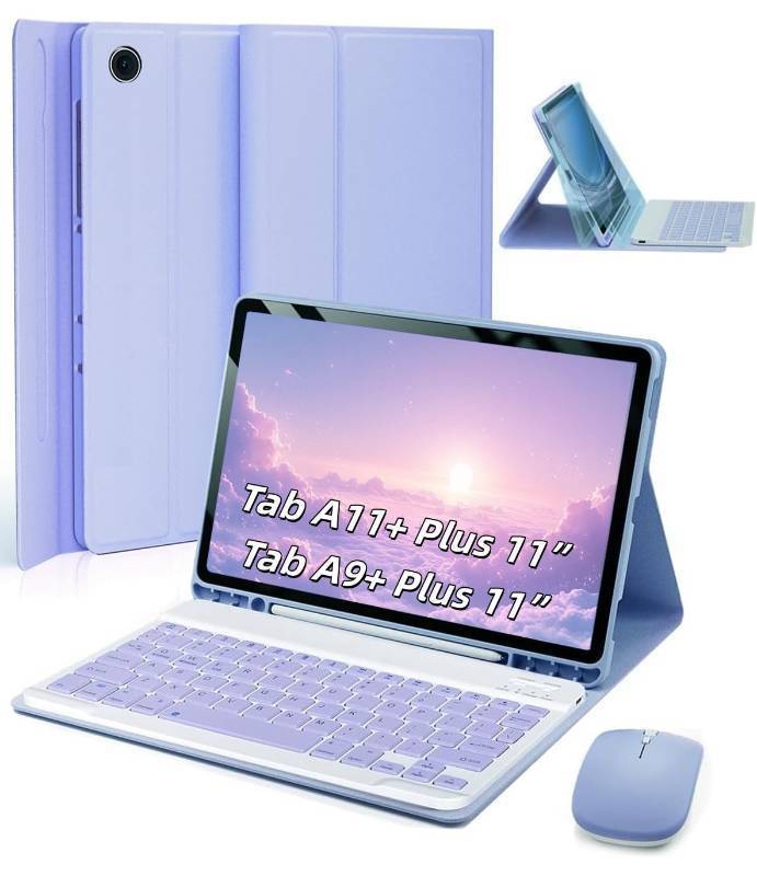 lot 1261 image: TUNKARMOR Case Keyboard for Samsung Galaxy Tab A9  A11 Plus 20232025 11 Inch - Mouse and Detachable Magnetic Keyboard, Slim Case with S Pen Holder, Auto SleepWake (Purple) - Retail $29