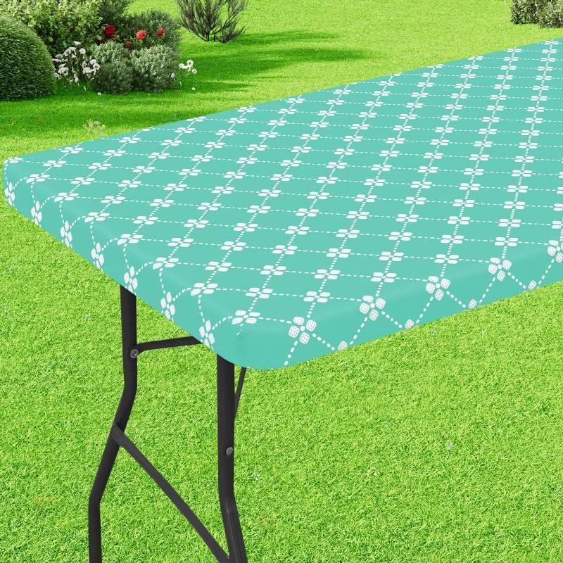lot 13165 image: misaya Rectangle Vinyl Table Cloth, Elastic Fitted Tablecloth with Flannel Backing, Waterproof Plastic Table Cover Fits 6 Foot Folding Tables for Picnic, Camping, Indoor and Outdoor (Aqua, 30 x 72) - Retail $13