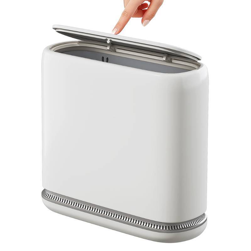 lot 15093 image: Purexa 2.3 Gallon Slim Trash Can with Lid, White, Space-Saving, Pet-Proof, Auto-Smooth Bag Fit, for Kitchen, Bathroom, Bedroom, Office - Retail $30
