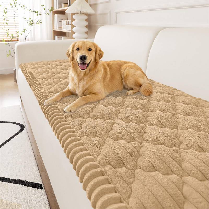 lot 62737 image: Smiry Couch Cover for Dogs Washable, Non Slip Fuzzy Pet Sofa Protector, Soft Thick Furniture Cover for Sofa, Loveseat and Sectional, Scratch & Pet Hair Resistant (Camel, 27.6 x 70.9) - Retail $62