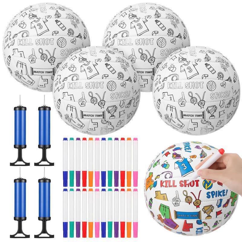 lot 1027 image: Teyva Daily 4 Set Color Your Own Mini Volleyball Kit Custom Design Volleyball Gifts Includes 4 Sport Balls, 24 Markers & 4 Pumps, Coloring DIY Sports Arts Craft for Birthday Gift Holiday Party Favor - Retail $36