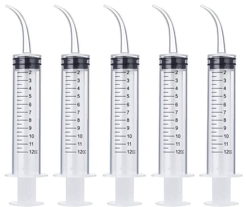 lot 13062 image: Wisdom Teeth Syringe, 5 Pack Irrigation Dental Syringes with Measure Scale & Curved Tip for Dental Care Liquid Oral Tonsil Stone - Retail $5