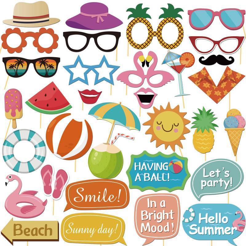 lot 7053 image: Hello Summer Photo Props Kit, Hawaii Luau Tropical Tiki Beach Summer Pool Men Women Girl Boy Kids Teens Cutouts Birthday Party Celebration Decorations Photography Props - Retail $10